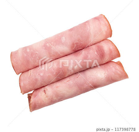 ham cut into pieces isolated on white background ham cut into pieces isolated on white background 117398778