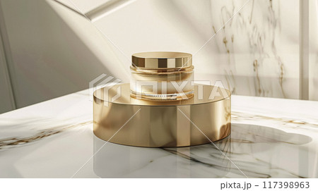 Face cream in a glass jar on a white and gold background. Skin care concept. Backdrop for beauty cosmetic products 117398963