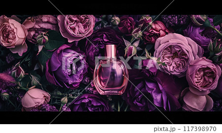 Perfume bottle with beautiful flowers. Floral background. Beauty concept. Flat lay, top view. 117398970