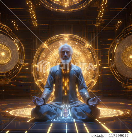 Elder Sage Meditating in Luminous Futuristic Technology Temple 117399035