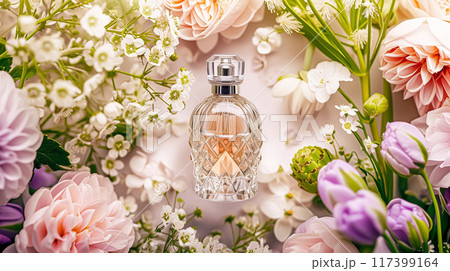 Perfume bottle with beautiful flowers. Floral background. Beauty concept. Flat lay, top view. 117399164
