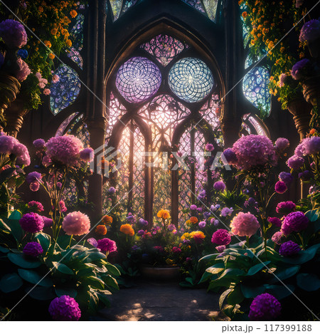 Enchanted Garden Inside Gothic Cathedral with Vibrant Flowers and Stained Glass Enchanted Garden Inside Gothic Cathedral with Vibrant Flowers and Stained Glass 117399188