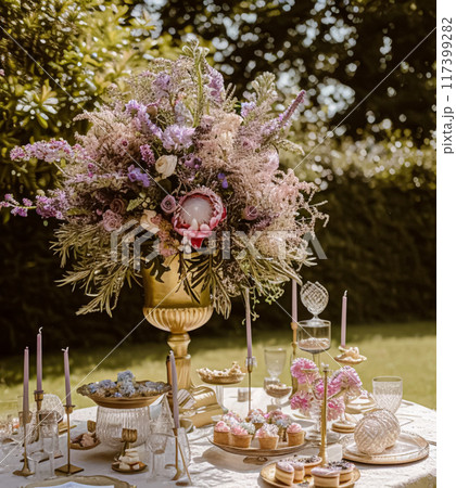 Wedding table decoration with lavender flowers, sweets, cake and candles 117399282