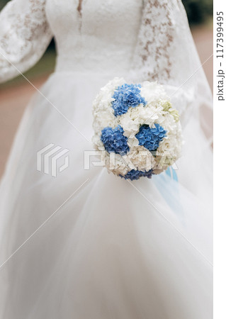 Elegant bride holding a blue and white hydrangea bouquet, perfect for a classic and romantic wedding Elegant bride holding a blue and white hydrangea bouquet, perfect for a classic and romantic wedding 117399495