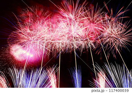 高知市納涼花火大会の放射状に広がる花火 高知市納涼花火大会の放射状に広がる花火 117400039