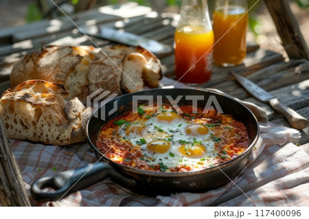 Shakshuka in a cast-iron pan with rustic bread and juice. Shakshuka in a cast-iron pan with rustic bread and juice. 117400096