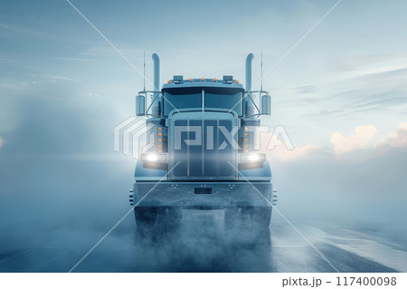 The front view of a truck cabin emerging from a soft, misty white background 117400098