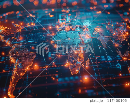 a digital screen displaying a world map with animated logistic routes and networks, illustrating global connections and efficient tracking capabilities 117400106