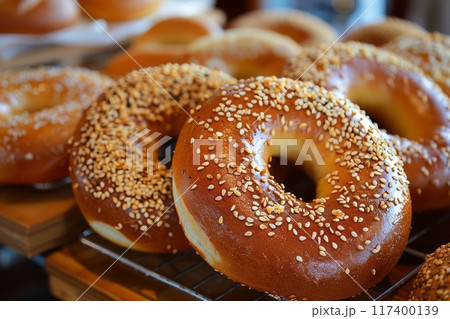 Close-up of freshly baked bagels Close-up of freshly baked bagels 117400139