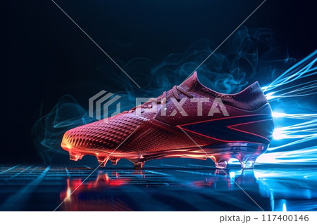 Futuristic soccer cleat with glowing neon effects. Futuristic soccer cleat with glowing neon effects. 117400146