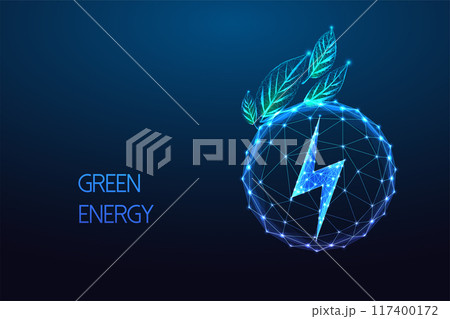 Green energy storage abstract concept. Lightning symbol inside transparent sphere with green leaves Green energy storage abstract concept. Lightning symbol inside transparent sphere with green leaves 117400172