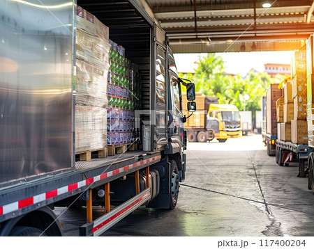 A truck unloading goods at a retail store, illustrating the supply chain process from warehouse to shelf A truck unloading goods at a retail store, illustrating the supply chain process from warehouse to shelf 117400204