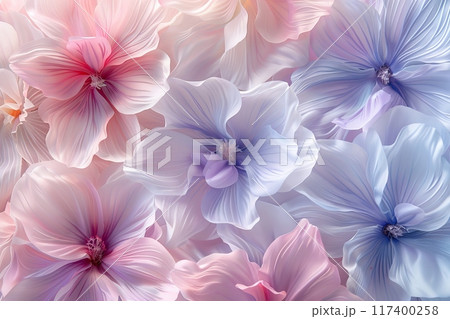Background with pastel pink and blue flowers, creating a soft and delicate floral pattern. 117400258