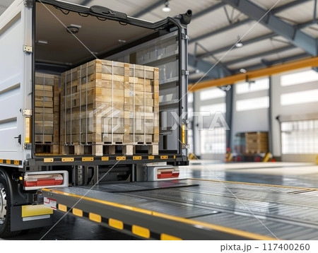 A truck with its cargo bed open, showing the process of loading and unloading materials 117400260