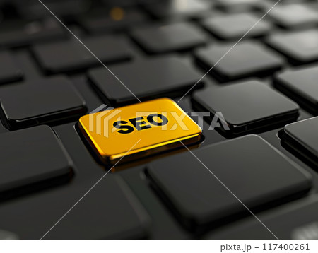 Close-up of a black keyboard with a "SEO" key, symbolizing search engine optimization 117400261