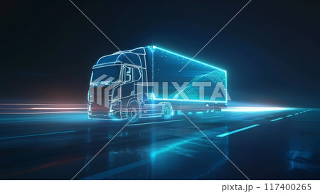 A minimalist side view of a truck with a glowing outline in blue, set against a dark background 117400265