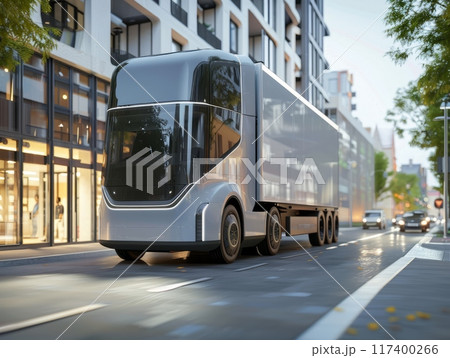A modern electric truck driving through, symbolizing innovation and environmental responsibility in the commercial transport sector 117400266