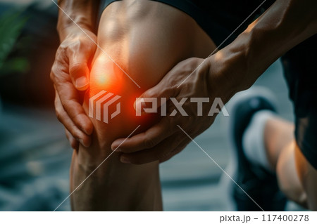 Person holding their knee in pain with a glowing red spot indicating the source of pain. Person holding their knee in pain with a glowing red spot indicating the source of pain. 117400278
