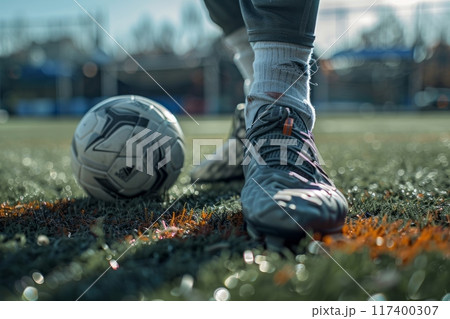 Muddy soccer cleats on a grass field. Muddy soccer cleats on a grass field. 117400307