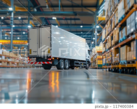 A truck unloading goods at a retail store, illustrating the supply chain process from warehouse to shelf A truck unloading goods at a retail store, illustrating the supply chain process from warehouse to shelf 117400384