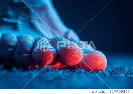Close-up of inflamed foot with red and blue lighting, depicting gout. 117400395