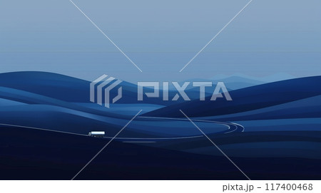 A minimalist scene of a truck driving on a winding road through dark blue rolling hills, elegant background with space for text A minimalist scene of a truck driving on a winding road through dark blue rolling hills, elegant background with space for text 117400468