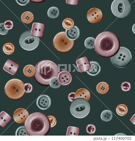 Buttons of different sizes, shapes and materials in seamless pattern in digital watercolor technique on emerald background.Can be used in stickers, textiles, scrapbooking and wrapping paper. Buttons of different sizes, shapes and materials in seamless pattern in digital watercolor technique on emerald background.Can be used in stickers, textiles, scrapbooking and wrapping paper. 117400702