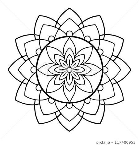 Hand-drawn mandala in vector format. A vibrantly decorated mandala. Separate flower decoration with a tribal theme. An anti stress coloring page for a coloring book.  117400953
