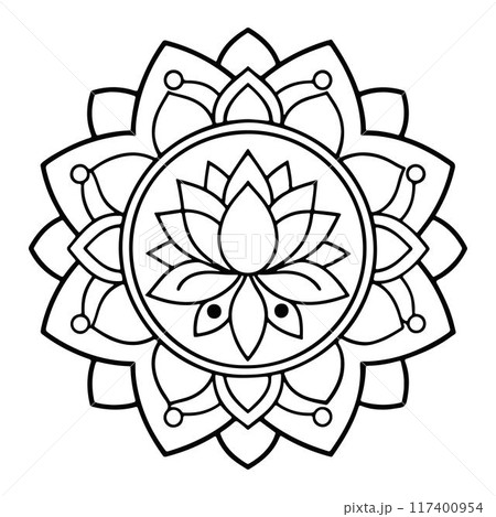 Hand-drawn mandala in vector format. A vibrantly decorated mandala. Separate flower decoration with a tribal theme. An anti stress coloring page for a coloring book.  117400954