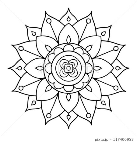 Hand-drawn mandala in vector format. A vibrantly decorated mandala. Separate flower decoration with a tribal theme. An anti stress coloring page for a coloring book. Hand-drawn mandala in vector format. A vibrantly decorated mandala. Separate flower decoration with a tribal theme. An anti stress coloring page for a coloring book. 117400955