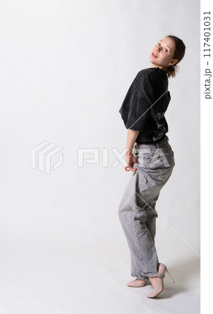 person background white hair hand modern face portrait model young look lady beauty 117401031