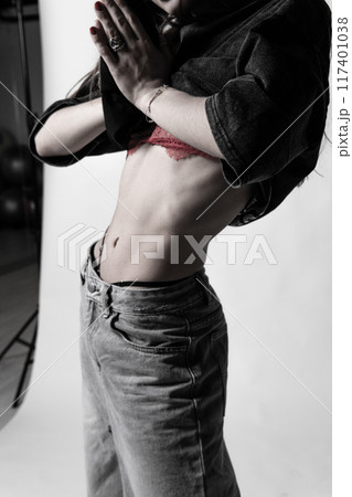 hair bra model face lady modern look white person cap portrait hand background red beauty 117401038