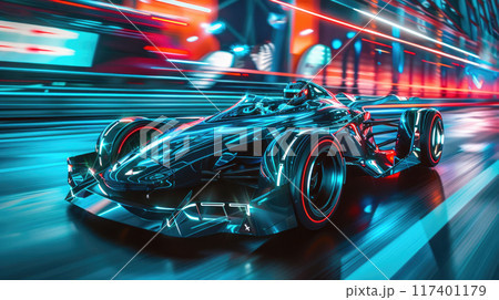Luxury sports car drives fast on highway at night, shiny auto moves on street. Futuristic racing vehicle on neon city road. Concept of speed, motion lines, light, future 117401179