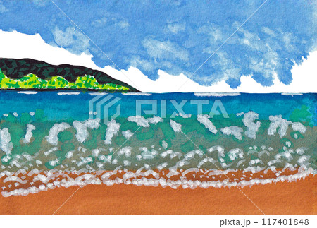 手描きの水彩画(絵手紙)「波際から眺めた淡路島」 117401848