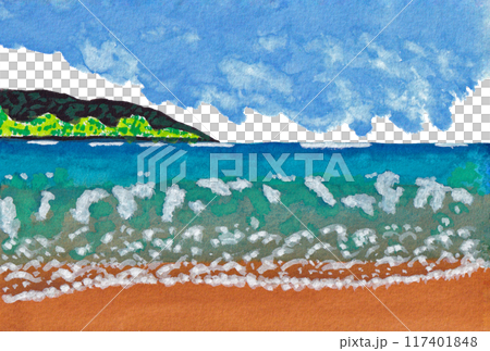 手描きの水彩画(絵手紙)「波際から眺めた淡路島」 117401848