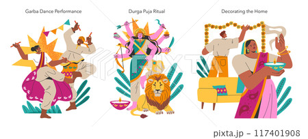 Navaratri celebration set. Illustration of traditional Garba dance, Durga Puja rituals, and festive home decoration. Cultural festivities in vibrant scenes. Vector illustration. 117401908