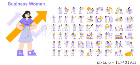 Businesswoman set. Diverse professional scenarios showcasing ambition and confidence. Corporate leadership, finance management, multitasking. Vector illustration. 117401913