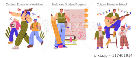 Teachers' Profession set. Showcasing outdoor learning, evaluation techniques, and school events. Dynamic education environment, performance assessment, and celebrating milestones. Vector illustration. 117401914