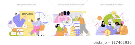 Global market expansion set. Illustrations depict compliance, market research, and cross-cultural team interactions. Captures nuances of international business dynamics. Vector illustration. Global market expansion set. Illustrations depict compliance, market research, and cross-cultural team interactions. Captures nuances of international business dynamics. Vector illustration. 117401936