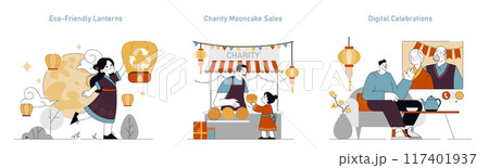 Mid Autumn Festival set. Traditional and modern celebrations with eco-friendly lanterns, charity mooncake sales, and digital greetings. Vector illustration. Mid Autumn Festival set. Traditional and modern celebrations with eco-friendly lanterns, charity mooncake sales, and digital greetings. Vector illustration. 117401937