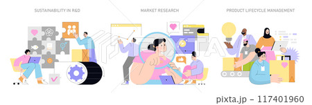Innovation and R D set. Exploring sustainable research, market analysis, and product life cycle management. Teamwork in technology development. Vector illustration. 117401960