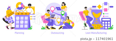 Business Operations set. Stages from planning through outsourcing to lean manufacturing. Calendar management, global coordination, efficiency in production. Vector illustration. 117401961
