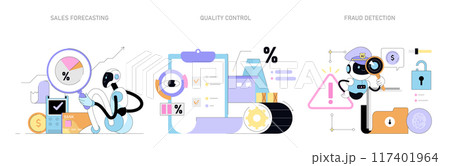 Artificial Intelligence Business set. AI robots perform sales forecasting, quality control, and fraud detection. Corporate automation process. Vector illustration. Artificial Intelligence Business set. AI robots perform sales forecasting, quality control, and fraud detection. Corporate automation process. Vector illustration. 117401964