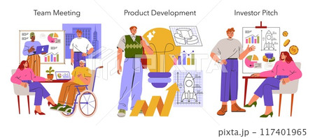 Business Startup set. Dynamic stages from team meeting to product development and investor pitching. Collaborative work, creativity, and funding. Vector illustration. 117401965