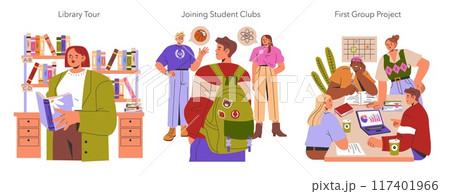 Freshman Year set. College students experiencing a library tour, joining clubs, and collaborating on a project. Transition to university life. Vector illustration. Freshman Year set. College students experiencing a library tour, joining clubs, and collaborating on a project. Transition to university life. Vector illustration. 117401966