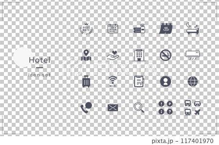 與飯店和旅館相關的資訊和設施的圖示集 117401970