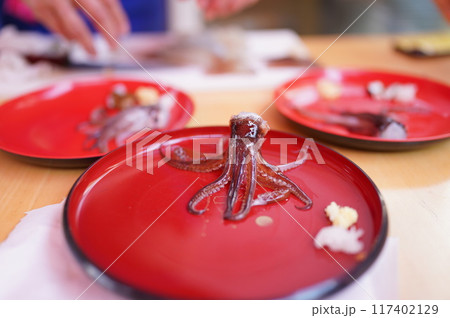 北海道・函館朝市のイカ釣り　踊り食い 117402129