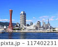 青空の神戸ポートタワーとベイエリア 117402231
