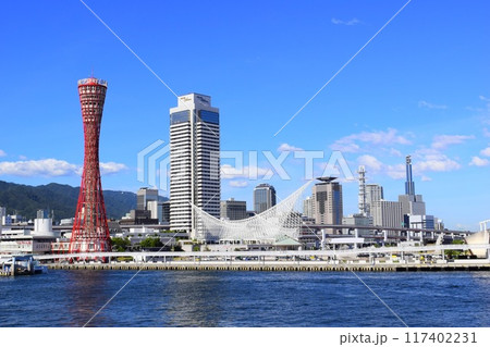 青空の神戸ポートタワーとベイエリア 117402231