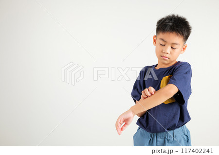 Asian little kid boy scratching itchy arm from a mosquito bite at studio shot isolated on white background, Portrait of Thai primary child dermatitis and scabies, Allergy symptoms, Malaria day concept Asian little kid boy scratching itchy arm from a mosquito bite at studio shot isolated on white background, Portrait of Thai primary child dermatitis and scabies, Allergy symptoms, Malaria day concept 117402241